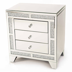 Glitz Mirrored Diamante 3 Drawer Bedside Table-Mirrored Furniture-Chic Concept